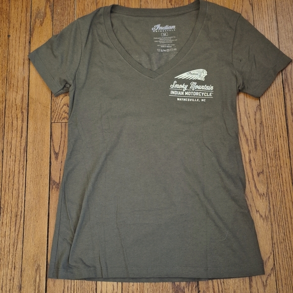 Indian Motorcyle Short Sleeve T-Shirt with V-neck Women's Olive Green P2P 17" - Picture 1 of 11